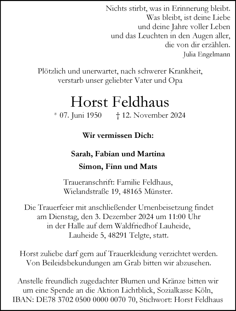  Traueranzeige für Horst Feldhaus vom 23.11.2024 aus 