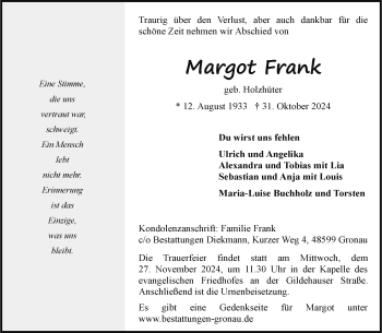 Anzeige von Margot Frank 