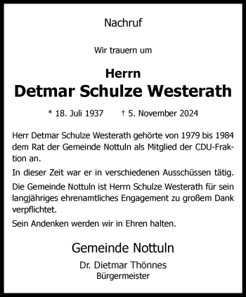 Anzeige von Detmar Schulze Westerath 