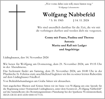 Anzeige von  Wolfgang Nabbefeld 