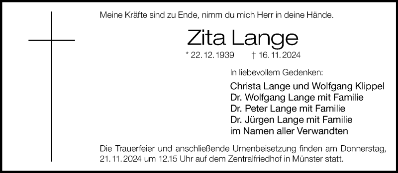  Traueranzeige für Zita Lange vom 20.11.2024 aus 