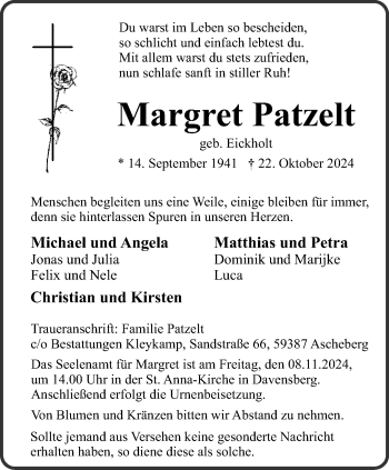 Anzeige von Margret Patzelt 