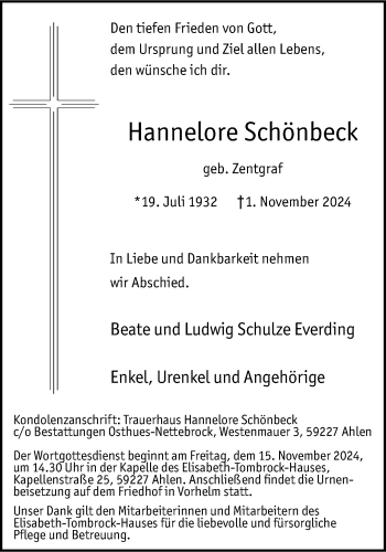 Anzeige von Hannelore Schönbeck 