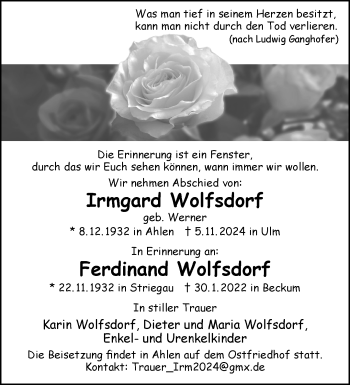 Anzeige von Irmgard Wolfsdorf 