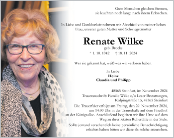 Anzeige von Renate Wilke 