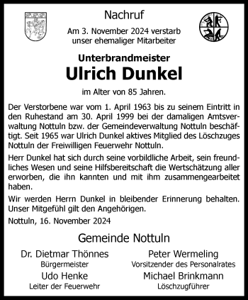 Anzeige von Ulrich Dunkel 