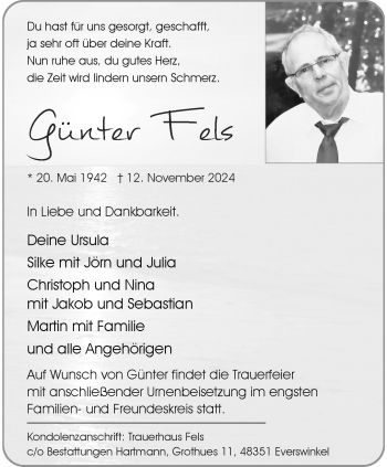 Anzeige von Günter Fels 