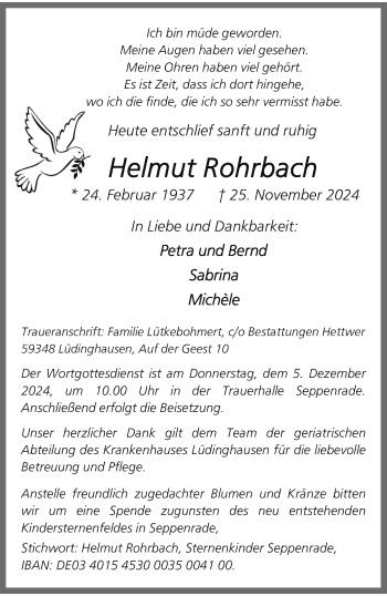 Anzeige von Helmut Rohrbach 