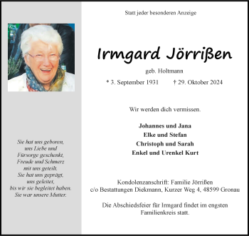 Anzeige von Irmgard Jörrißen 