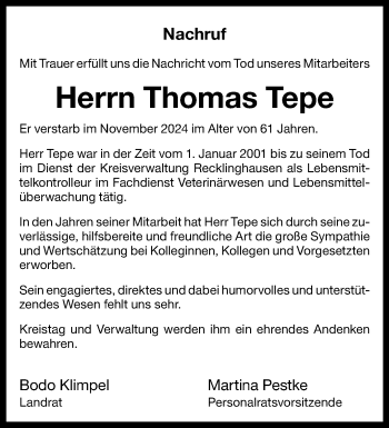 Anzeige von Thomas Tepe 