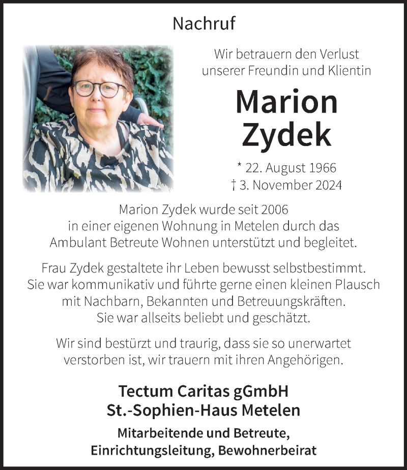  Traueranzeige für Marion Zydek vom 19.11.2024 aus 