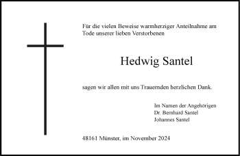 Anzeige von Hedwig Santel 