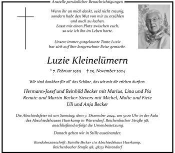 Anzeige von Luzie Kleinelümern 