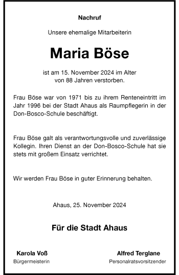 Anzeige von Maria Böse 