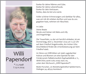 Anzeige von Willi Papendorf 