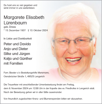 Anzeige von Margarete Elisabeth Lürenbaum 