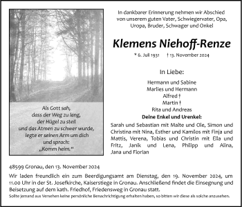 Anzeige von Klemens Niehoff-Renze 