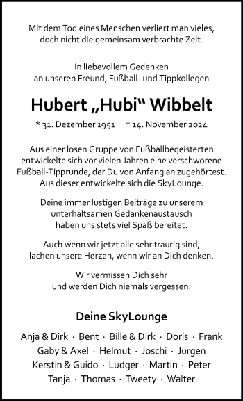 Anzeige von Hubert Wibbelt 