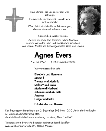 Anzeige von Agnes Evers 