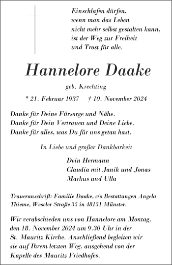 Anzeige von Hannelore Daake 