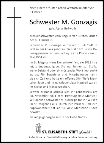 Anzeige von Schwester M. Gonzagis 