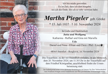 Anzeige von Martha Piegeler 