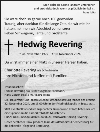 Anzeige von Hedwig Revering 