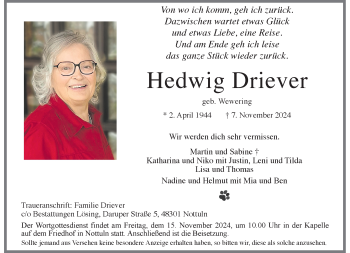 Anzeige von Hedwig Driever 