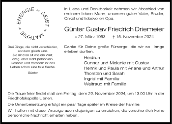 Anzeige von Günter Gustav Friedrich Günter Gustav Friedrich Driemeier 