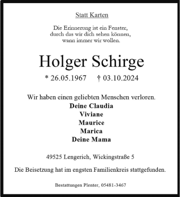 Anzeige von Holger Schirge 