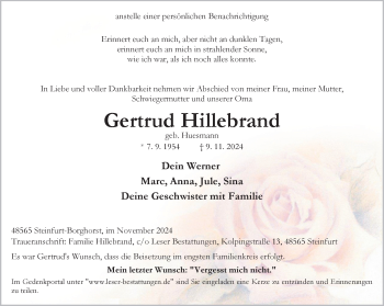 Anzeige von Gertrud Hillebrand 