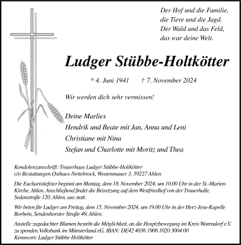 Anzeige von Ludger Stübbe-Holtkötter 