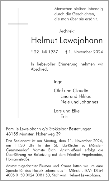 Anzeige von Helmut Lewejohann 