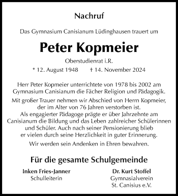 Anzeige von Peter Kopmeier 