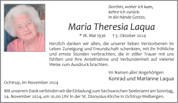 Anzeige von Maria Theresia Laqua 