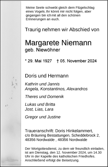 Anzeige von Margarete Niemann 