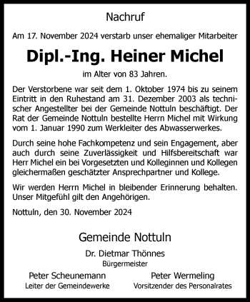 Anzeige von Dipl.-Ing. Heiner Michel 