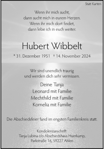 Anzeige von Hubert Wibbelt 