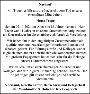 Anzeige von Horst Teepe 