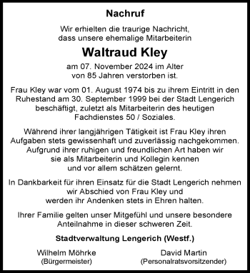 Anzeige von Waltraud Kley 