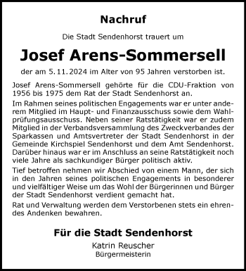 Anzeige von Josef Arens-Sommersell 