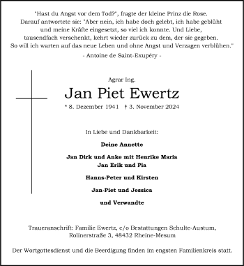 Anzeige von Jan Piet Ewertz 