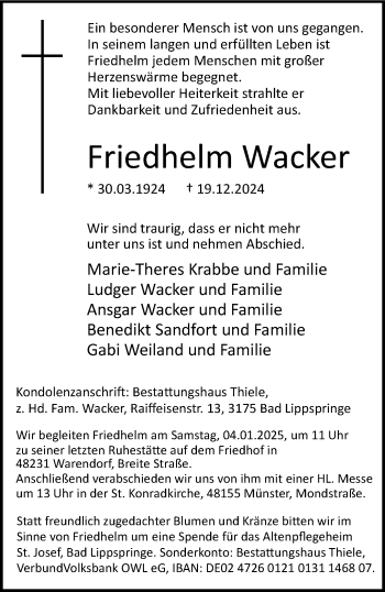 Anzeige von Friedhelm Wacker 