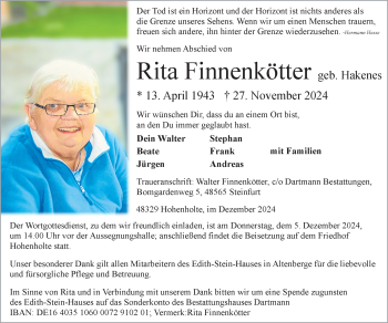 Anzeige von Rita Hakenes Finnenkötter 