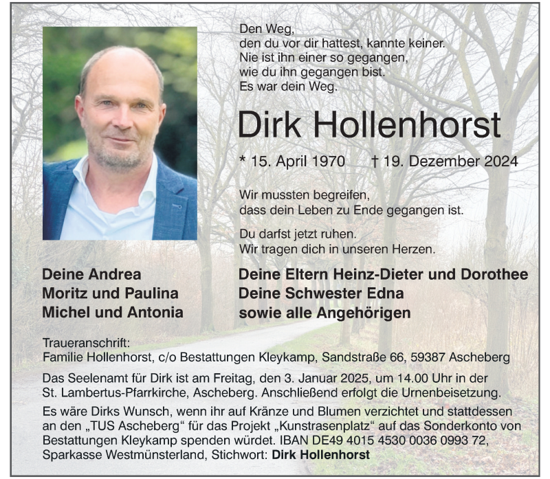  Traueranzeige für Dirk Hollenhorst vom 28.12.2024 aus 