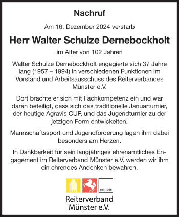 Anzeige von Walter Schulze Dernebockholt 