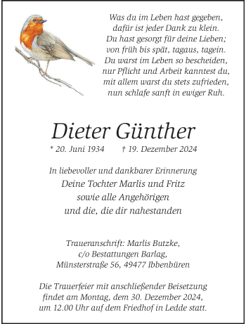 Anzeige von Dieter Günther 