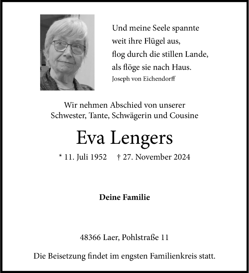  Traueranzeige für Eva Lengers vom 07.12.2024 aus 