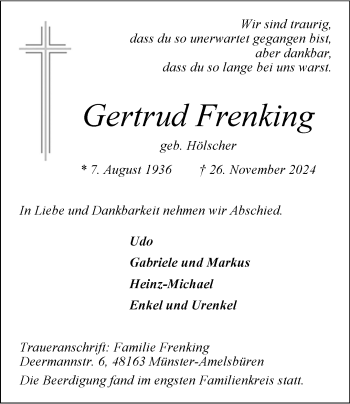 Anzeige von Gertrud Frenking 