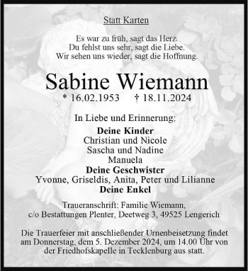 Anzeige von Sabine Wiemann 